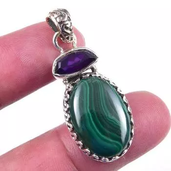 Natural Malachite,African Amethyst Gemstone 925 Solid Silver Pendant 1.50 h9p50
