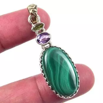 Natural Malachite,Amethyst Gemstone 925 Solid Sterling Silver Pendant 2 p4c32
