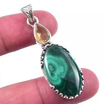 Natural Malachite,Citrine Gemstone 925 Solid Sterling Silver Pendant 1.75 O3w13