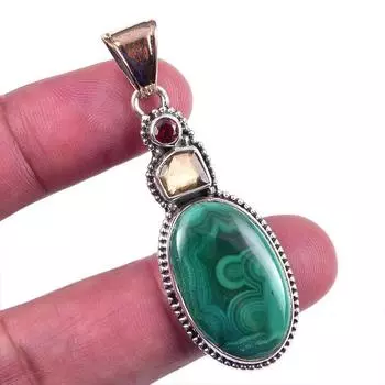 Natural Malachite,Citrine Gemstone 925 Solid Sterling Silver Pendant 2 F2v22