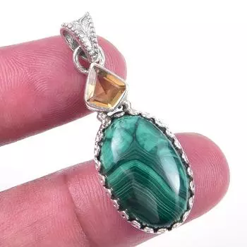 Natural Malachite,Citrine Gemstone 925 Solid Sterling Silver Pendant 1.50 v9q14