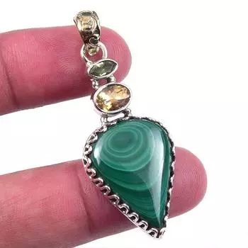 Natural Malachite,Citrine Gemstone 925 Solid Sterling Silver Pendant 2 F3U78