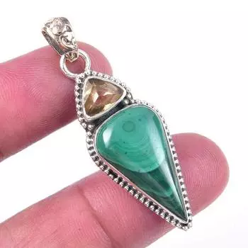 Natural Malachite,Citrine Gemstone 925 Solid Sterling Silver Pendant 1.75 i9f27