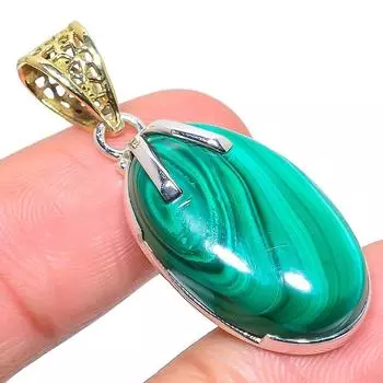 Подвеска из натурального малахита из стерлингового серебра 925 пробы в двух тонах 1,65 дюйма M4B02