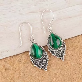 Natural Malachite Gemstone 925 Sterling Silver Jewelry Handcrafted Earrings 1.9 EE-85-24