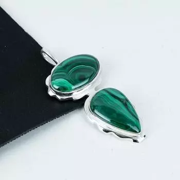 Natural Malachite Gemstone Silver Pendant in 925 Sterling Silver- Handmade Design, Everyday Wear Jewelry, Unique Pendant Party Wear Gifts 2.75 зелёный