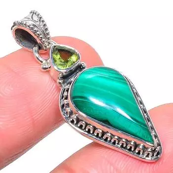 Natural Malachite, Peridot Gemstone 925 Solid Sterling Silver Pendant 1.42 C3N10