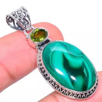 Natural Malachite, Peridot Gemstone 925 Solid Sterling Silver Pendant 2.25 B1V17