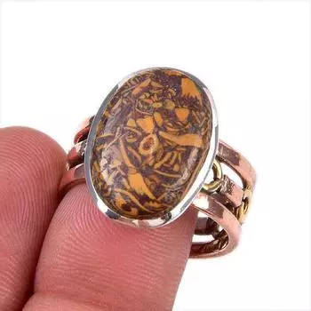 Natural Maryam Jasper Gemstone 925 Solid Sterling Silver Two Tone Ring S.10 m3b42