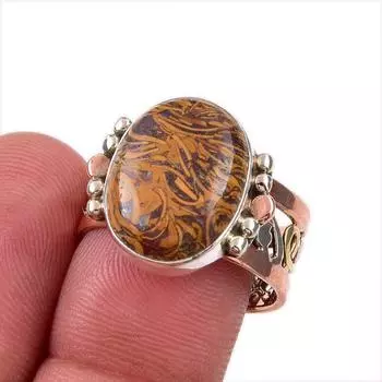 Natural Maryam Jasper Gemstone 925 Solid Sterling Silver TwoTone Ring S.8.5 y1p87