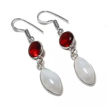 Серьги из серебра 925 пробы с натуральным лунным камнем и гранатом 2,05 дюйма u8l65
