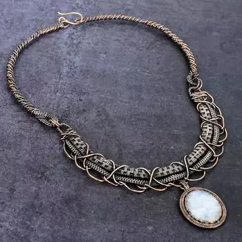 Ювелирное ожерелье из натурального лунного камня ручной работы из медной проволоки 18 дюймов b3U09