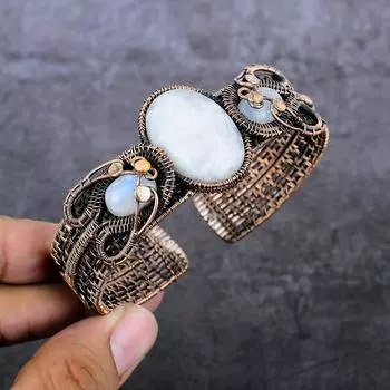 Natural Moonstone Gemstone Handmade Copper Wire Wrap Cuff Bangle Adjustable v6w55