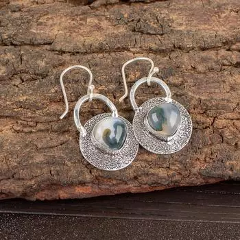 Natural Moss Agate Gemstone 925 Sterling Silver Handmade Dangle Earrings 1.30 EE-63-26