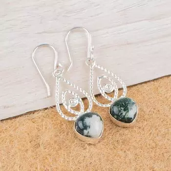 Natural Moss Agate Gemstone 925 Sterling Silver Jewelry Dangle Earrings 2.00 EE-32-26