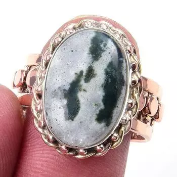 Natural Moss Agate Gemstone Handmade 925 Sterling Silver Two Tone Ring S.9 y9y82