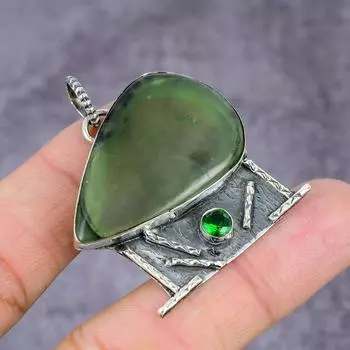 Natural Moss Prehnite, Diopside Gemstone 925 Sterling Silver Pendant 2.27 C6s18