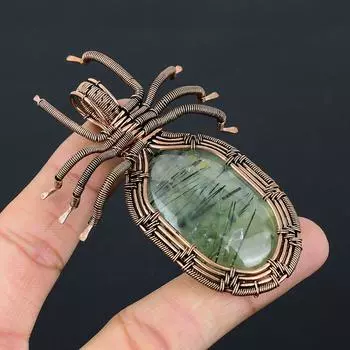 Natural Moss Prehnite Stone Handmade Copper Wire Wrap Spider Pendant 2.56 O6E95