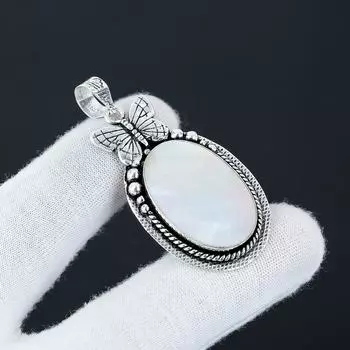 Natural Mother Of Pearl Gemstone Silver Pendant in 925 Sterling Silver- Handmade Butterfly Design, Everyday Wear Jewelry, Unique Pendant Gift 2.16 белый