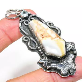 Natural Mud Crack Fossil,Blue Topaz Stone 925 Sterling Silver Pendant 2.84 S8D57