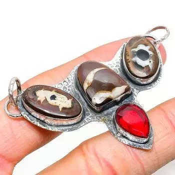 Natural Mud Crack Fossil, Garnet Gemstone 925 Sterling Silver Pendant 1.97 n0B64