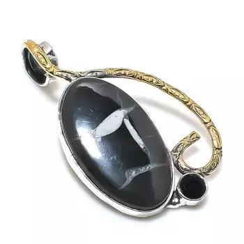 Natural Mud Crack Fossil, Spinel 925 Sterling Silver Two Tone Pendant 1.85 e0z02