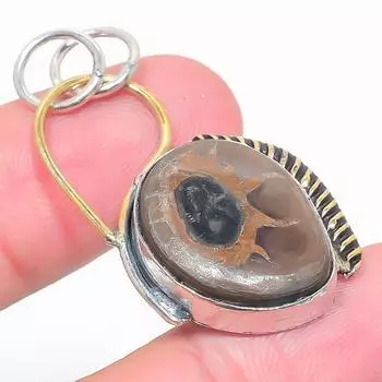 Natural Mud Crack Fossil Stone Two Tone 925 Sterling Silver Pendant 1.73 H6b44