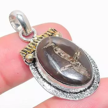 Natural Mud Crack Fossil Stone Two Tone 925 Sterling Silver Pendant 1.65 Y0f14
