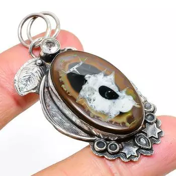 Natural Mud Crack Fossil,White Topaz 925 Sterling Silver Pendant 2.25 a2O18