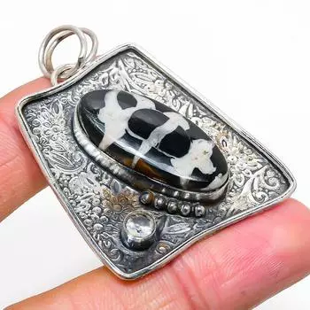 Natural Mud Crack Fossil,White Topaz 925 Sterling Silver Pendant 2.09 K6N26