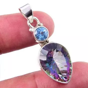 Natural Mystic Topaz,Blue Topaz Gemstone 925 Solid Silver Pendant 1.75 V6c11