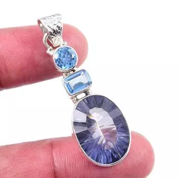 Natural Mystic Topaz,Blue Topaz Gemstone 925 Solid Silver Pendant 1.75 D2Z93