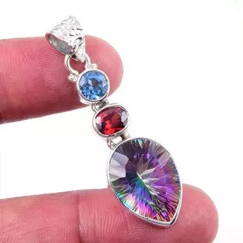 Natural Mystic Topaz,Garnet Gemstone 925 Solid Sterling Silver Pendant 2 S3e12