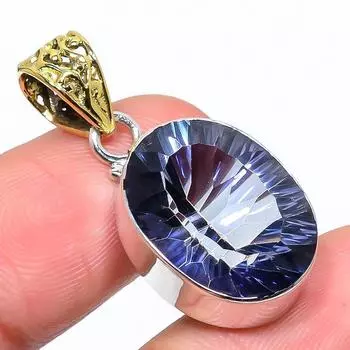 Natural Mystic Topaz Gemstone 925 Sterling Silver Two Tone Pendant 1.38 u7g58