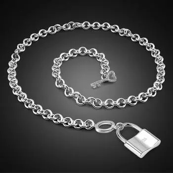 Натуральная 100% стерлингового серебра 925 пробы, кулон с замком, ожерелья, новые женские модные подвески в стиле панк, колье, ювелирные украшения, подарок 45