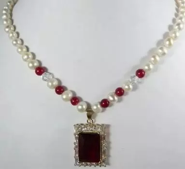 Натуральная 7-8 мм пресноводная жемчужина, красное нефритовое ожерелье + подвеска с кристаллами