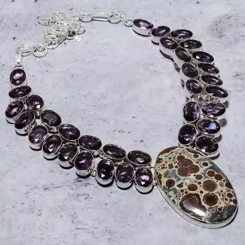 Натуральная астероидная яшма, Подарочное ожерелье из стерлингового серебра 925 пробы с аметистом, 18 дюймов, V5c67