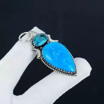 Натуральная бирюза «Спящая красавица», серебряный кулон с голубым топазом, серебро 925 пробы — дизайн ручной работы, повседневная одежда, подарок для нее 2.35 синий