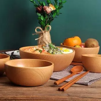Натуральная буковая деревянная миска с ложкой Бытовая кухонная тара для еды Деревянная миска для столовых приборов Фруктовая миска для салата Деревянная миска