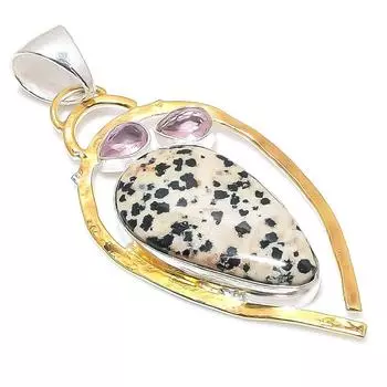 Натуральная далматинская яшма, кунцит, стерлинговое серебро 925 пробы, двухцветный кулон 2,64 дюйма h6R38