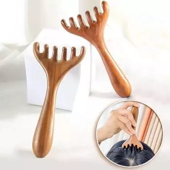 Натуральная деревянная расческа с широкими зубцами и длинной ручкой, массажный меридиан, антистатическая головка, массажер с шестью когтями, способствует циркуляции крови