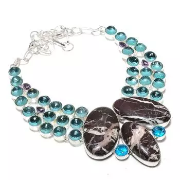 Натуральная капучино яшма, топаз, серебряное ювелирное ожерелье 925 пробы 18 дюймов A9o90