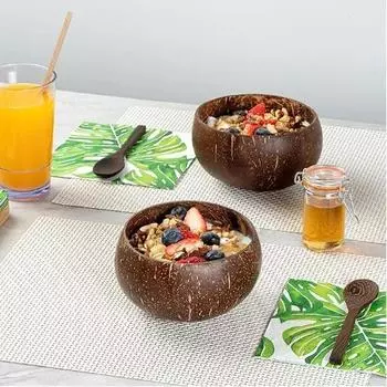 Натуральная кокосовая миска Деревянная кокосовая миска Ручная работа Кокосовые миски для еды Столовые приборы Вилка Ложка для десерта Фруктовый салат