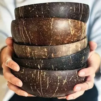 Натуральная кокосовая миска, деревянная посуда ручной работы, десерт, фруктовый салат, миска для смешивания риса, рамен, с ложкой, кухонная многоразовая посуда