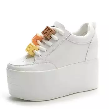 Натуральная кожа 12 см осенние массивные кроссовки на танкетке со шнуровкой, дышащие каблуки, полые туфли, вулканизированная весенняя женская обувь 33 белый