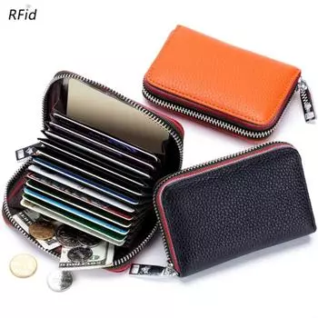 Натуральная кожа для мужчин и женщин, держатель для карт, маленький кошелек на молнии, твердый кошелек для монет, дизайн «гармошка», RFID-идентификатор, деловые сумки для кредитных карт оранжевый