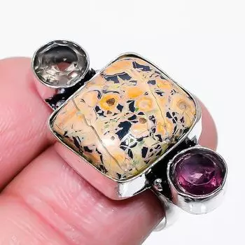 Натуральная кожа леопарда, кольцо из стерлингового серебра 925 пробы с аметистом, размер 8 Z2D04