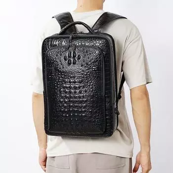 Натуральная кожа, натуральная кожа, крокодиловый принт, мужской рюкзак через плечо, кожаный деловой, простая, вместительная, сумка для компьютера чёрный