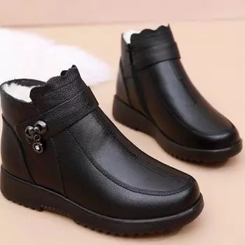 [Натуральная кожа] Обувь для мам из хлопка, женские зимние бархатные теплые короткие ботинки на плоской подошве, кожаные ботинки с мягкой подошвой для женщин среднего и пожилого возраста, снег 35 чёрный