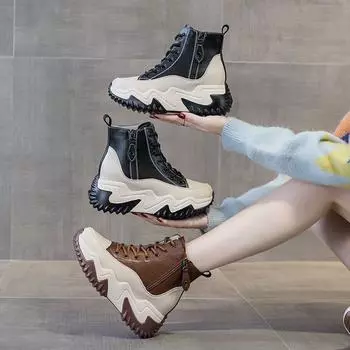 Натуральная кожа Show High Женская обувь в иностранном стиле Мягкая подошва Легкие ботинки Ниша Популярная обувь в пределах The Height Net Красные кожаные кроссовки 35 чёрный